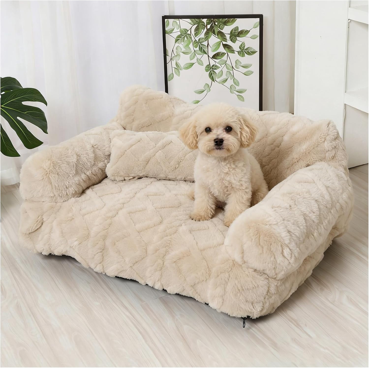 Plush Calming Pet Sofa Bed, Raised Rim, Removable Cover & Non-Slip Bottom for Cats & Dogs, Calming Dog Bed Fluffy Plush Dog Mat for Furniture Protector with Removable Washable Cover (Beige, Small)