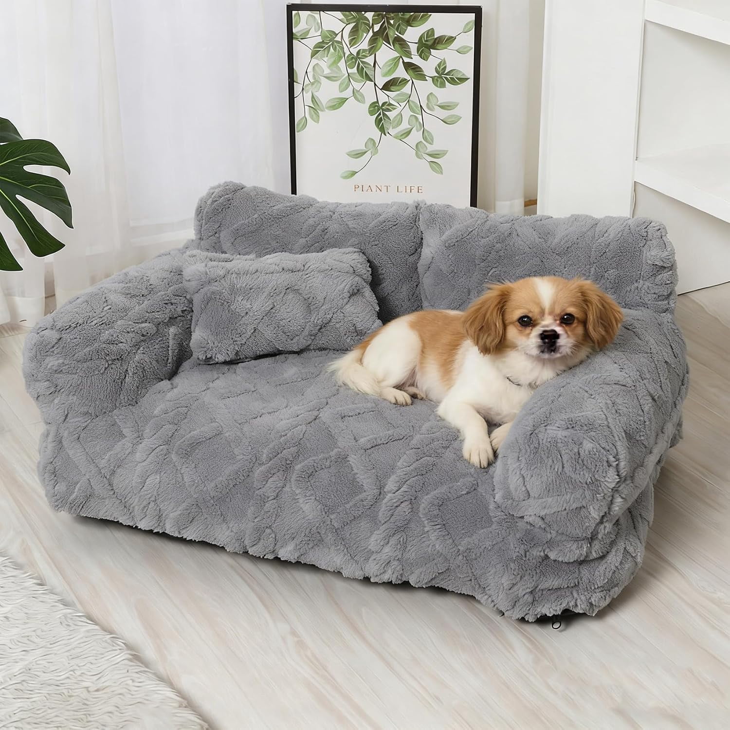 Plush Calming Pet Sofa Bed, Raised Rim, Removable Cover & Non-Slip Bottom for Cats & Dogs, Calming Dog Bed Fluffy Plush Dog Mat for Furniture Protector with Removable Washable Cover (Grey, Small)