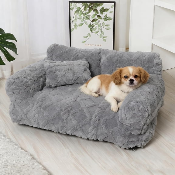 Plush Calming Pet Sofa Bed, Raised Rim, Removable Cover & Non-Slip Bottom for Cats & Dogs, Calming Dog Bed Fluffy Plush Dog Mat for Furniture Protector with Removable Washable Cover (Grey, Small)