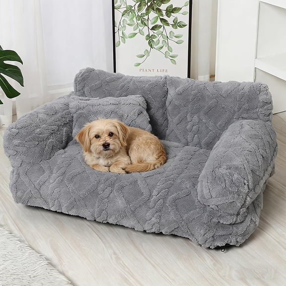 Plush Calming Pet Sofa Bed – Raised Rim, Removable Cover & Non-Slip Bottom for Cats & Dogs (Dark Grey,Small)