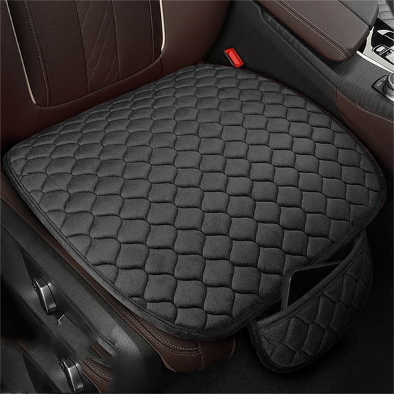 Plush Car Seat Cushion with Non-Slip Rubber Base and Storage Pouch, Soft Seat Pad for Driving Comfort, Slip-Resistant Cushion with Attached Pocket for Commuting(Black)