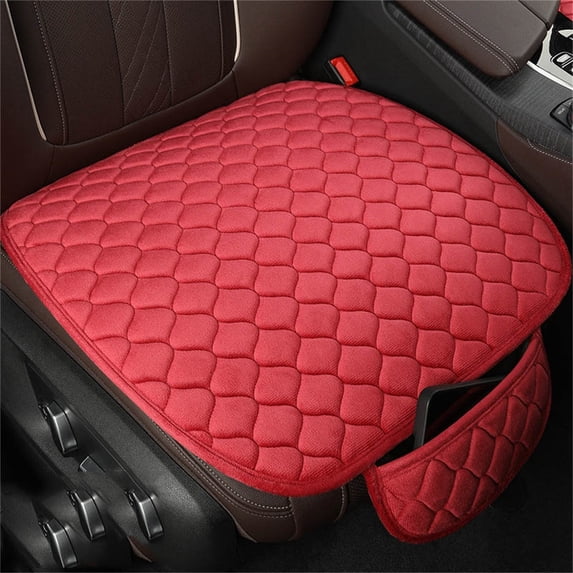 Plush Car Seat Cushion with Non-Slip Rubber Base and Storage Pouch, Soft Seat Pad for Driving Comfort, Slip-Resistant Cushion with Attached Pocket for Commuting(Red)