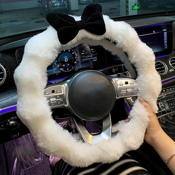 Plush Car Steering Wheel Cover Cute Bow Steering Wheel Protector for Women, Soft Non-Slip Car Interior Accessories, White+Black Bow