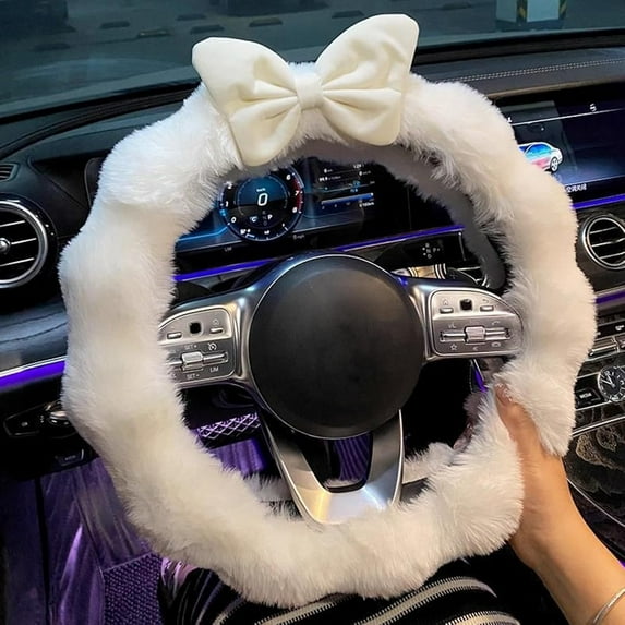Plush Car Steering Wheel Cover Cute Bow Steering Wheel Protector for Women, Soft Non-Slip Car Interior Accessories, White+White Bow