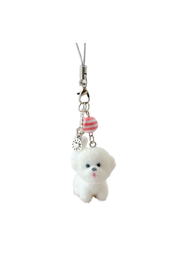 Plush Cartoon Animal Lanyard Ornament, Fluffy White Puppy Design With Striped Ball And Clock Charms, For Phone Case, Keychain, Bag Decoration, Daily Use, Gift Giving