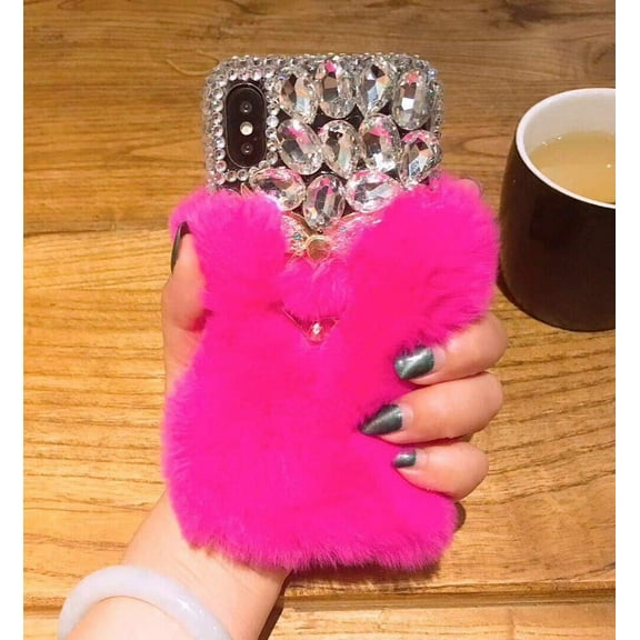 Plush Case Compatible with Apple iPhone XR Case Fashion Luxury Cute Fuzzy Furry Plush Fluffy Fur Bling Diamond Gemstone 3D Wings Metal Ring Stand Holder Soft TPU Back case Pink