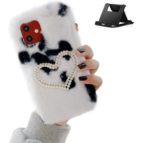 Plush Case Compatible with Samsung Galaxy A12 Fluffy Furry Case Cover,Faux Rabbit Bunny Fur Warm Winter Soft Silicone with Diamond Pearls 3D Handmade Phone Case,Black