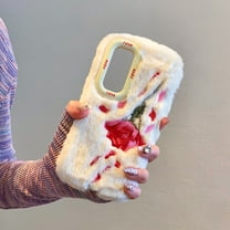 Plush Case Compatible with Samsung Galaxy A15 Cute Fuzzy Furry Case With Kickstand,Fashion Luxury Rose Petal Embroidery Winter Warm Plush Fluffy Soft TPU Back Shockproof Phone Case,White