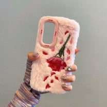 Plush Case Compatible with Samsung Galaxy A35 Cute Fuzzy Furry Case With Kickstand,Fashion Luxury Rose Petal Embroidery Winter Warm Plush Fluffy Soft TPU Back Shockproof Phone Case,Pink