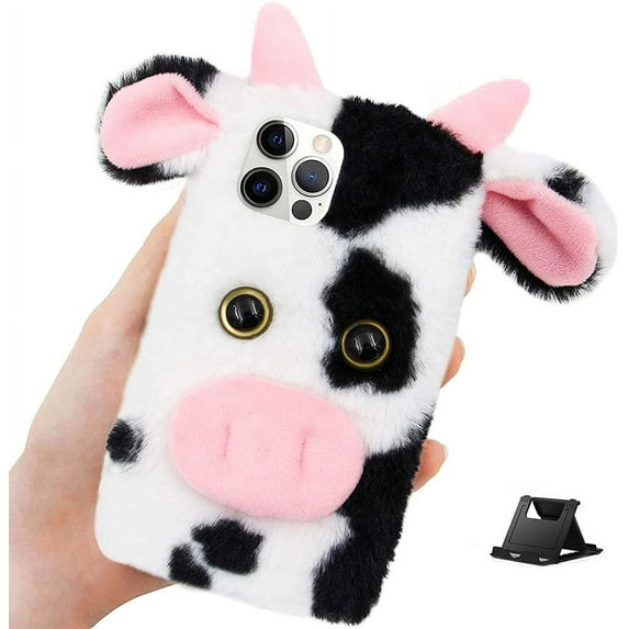 Plush Case Compatible with Samsung Galaxy S22 5G 3D Ear Fluffy Cows Case for Kids Girls Women,Cute Cartoon Animals Faux Fur Case Furry Warm Fuzzy Shockproof Back Cover