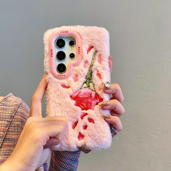 Plush Case Compatible with Samsung Galaxy S23 Ultra Cute Fuzzy Furry Case With Kickstand,Fashion Luxury Rose Petal Embroidery Winter Warm Plush Fluffy Soft TPU Back Shockproof Phone Case,Pink