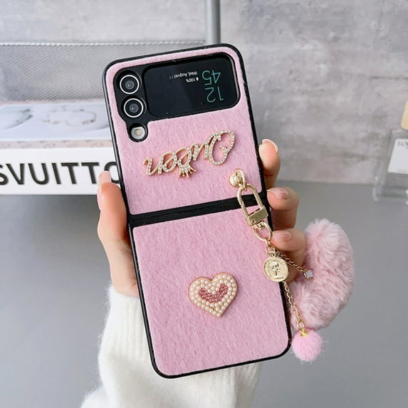 Plush Case Compatible with Samsung Galaxy Z Flip 4 with Pendant Ultra Thin Shockproof Cute Case for Women Girls-Pink