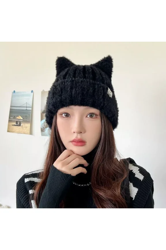 Plush Cat Ear Beanie Hats Windproof Winter Hat Knitted Wool Cap Outdoor-Black