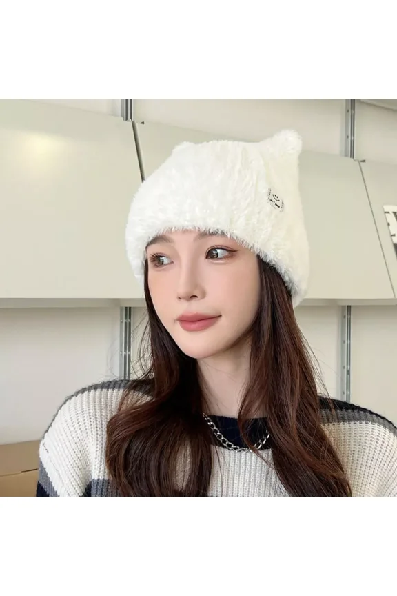 Plush Cat Ear Beanie Hats Windproof Winter Hat Knitted Wool Cap Outdoor-White