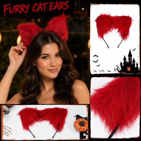 Plush Cat Ear Headband 7 Inch, Kids Cat Accessory Red Fluffy Headwear for Halloween Party Dress Up, 1 Pack