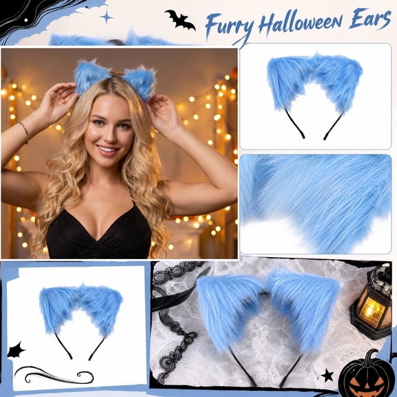Plush Cat Ear Headband, Blue 8 Inch Halloween Accessory for Student, Cat Halloween Add on for Halloween Party Dress Up, Lightweight Fluffy Accessory, 1 Pack