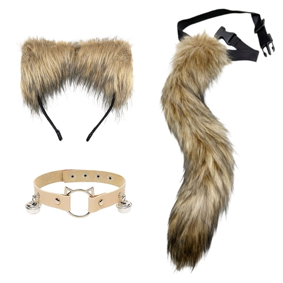 Plush Cat Ears and Tail Costume,Wolf Fox Ears Long Tail and Leather Neck Chocker Set for Halloween,Fox Wolf Ears Headband Animal Cosplay Party Costume