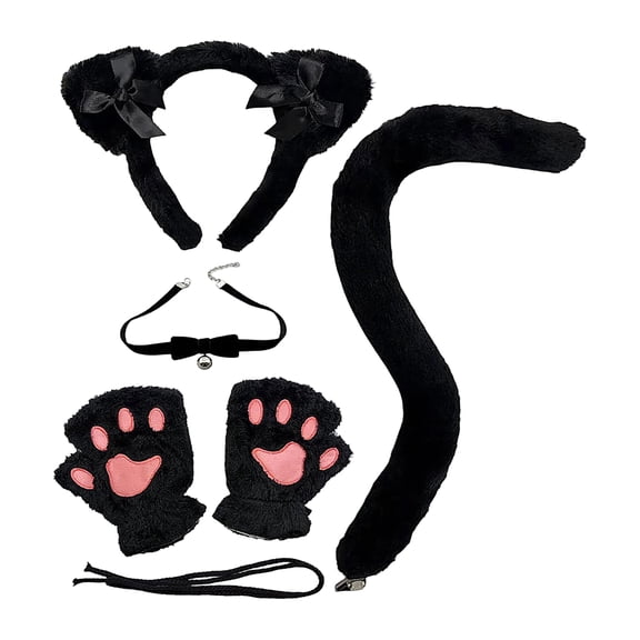 Plush Cat Ears and Tail 5-Piece Set with Collar and Paws for Halloween