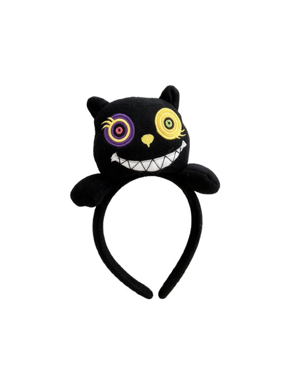 Plush Cat Headband with Embroidered Eyes and Grin, One Size, Black Felt, for Halloween Party, Decoration