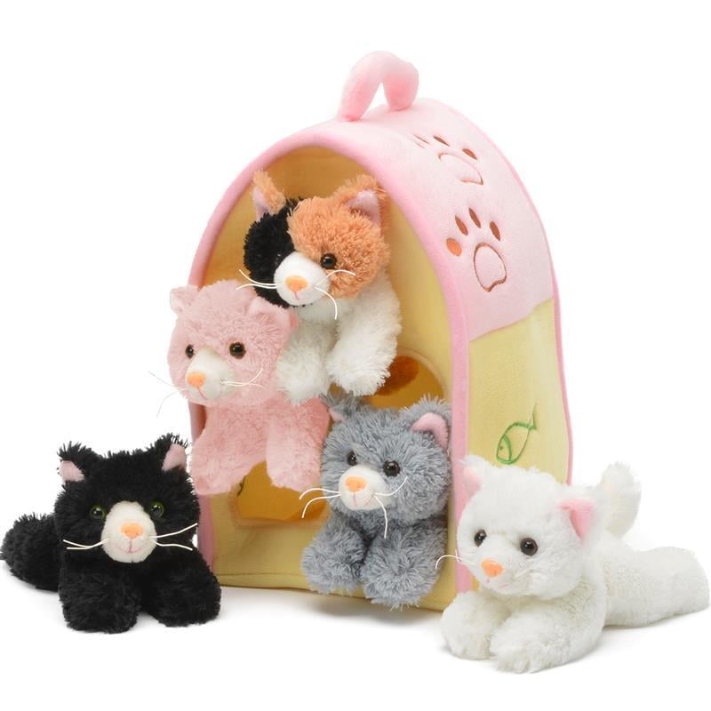 Plush Cat House with Cats - Five (5) Stuffed Animal Cats in