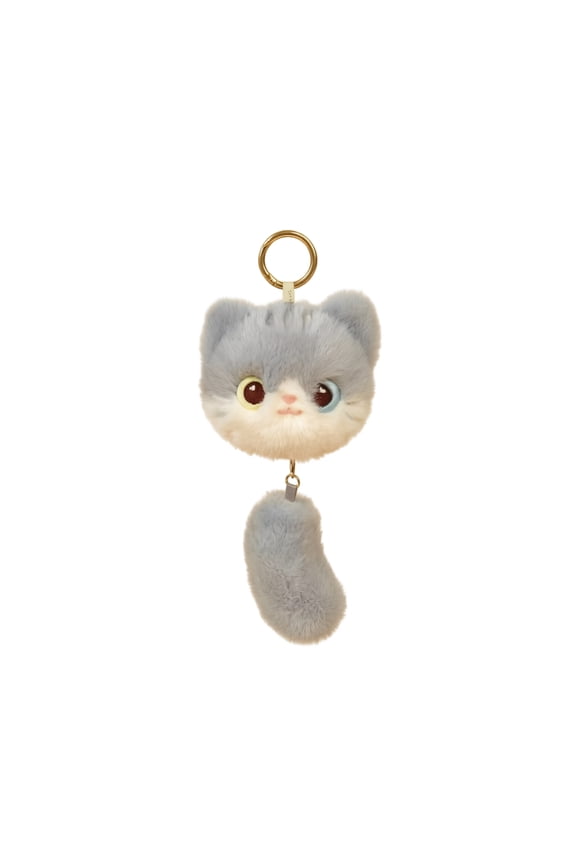 Plush Cat Keychain, Gray Lucky Blessing Pull String Charm, 3.9 Inch Soft Stuffed Animal 1 Pack, Cute Bag Purse Backpack Decor Accessory for Cat Lovers Kids Friends