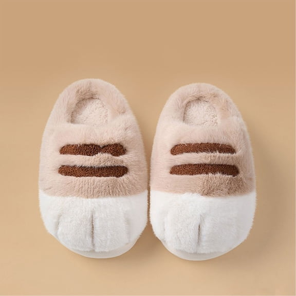 Plush Cat Paw Slippers Non- Soles Women's Plush Slippers (Khaki 38)