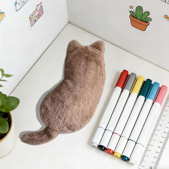 Plush Cat Shaped Zippered Coin Purse and Multifunctional Pouch for Stationery Makeup Brushes and Small Accessories Portable Soft Storage Case 9.84x4.72 Inches