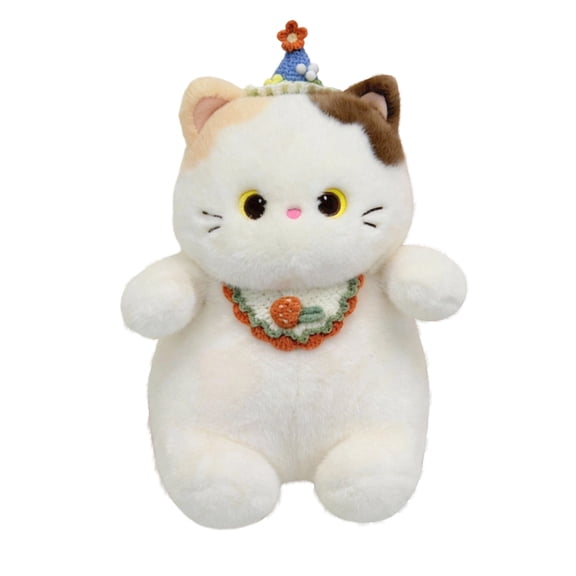 Plush Cat Stuffed Animal, Soft Cute Kitten Plush Toy with Embroidered Bib and Tiny Party Hat, 1 Piece 9.8 inch Fluffy Cat Doll, Ideal Kids Birthday Gift Nursery Sleeping Companion Playtime Dec