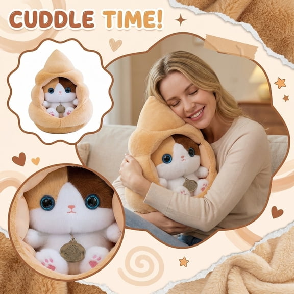 Plush Cat Toy with Cozy Nest Set, Soft Cuddly Kitten and Snuggly Brown Bed for Kids, Teens & Collectors, Hypoallergenic Fabric, Perfect Birthday or Graduation Gift