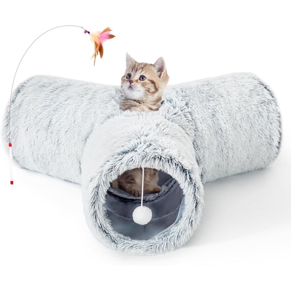 Plush Cat Tunnel for Indoor CatsCollapsible 3-Way Pet Tunnel Toy with Peek Holes for Cats, Kittens, Rabbits, Light Grey