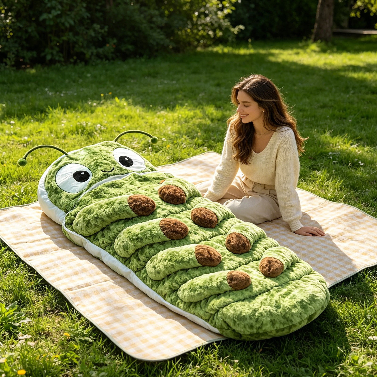 Plush Caterpillar Sleeping Bag, 74.8" Large Hugging Cocoon Sleep Sack with Pull Cord, Soft Indoor Nap Pod Lounger for Bedroom, Dorm, and Travel