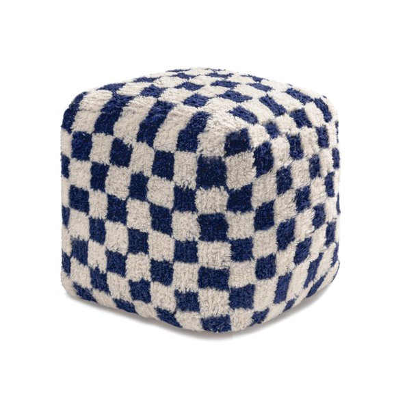 Plush Checkerboard Pouf Ottoman - Cube Shape Foot Stool