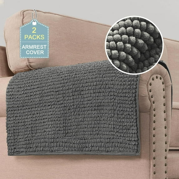 Plush Chenille Couch Armrest Cover 2 Packs Thick and Soft Sofa Covers Furniture Protector Cover for Pets (27.5" x 27.5", Grey)