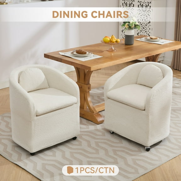 Plush Chenille Dining Armchair in Beige: 360 Swivel, Ergonomic Back Cushion, Universal Wheels, Modern Style for Dining Rooms - 22"W x 24"D x 30"H