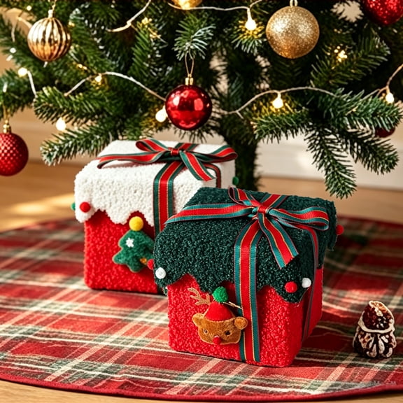 Plush Christmas Gift Boxes with Lid,Christmas Decorations, Cute Candy Boxes for Christmas Presents and Decor(Christmas Tree+Elk)