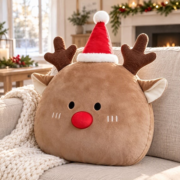 Plush Christmas Reindeer Throw Pillow with Santa Hat and Red Nose 15.74 inch Soft Cushion for Holiday Sofa Bedroom Winter Home Decor