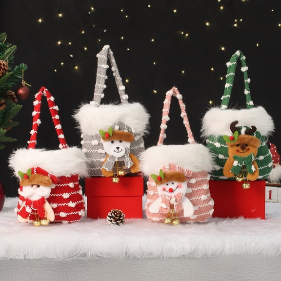 Plush Christmas Small Gift Bag 3D Snowman Santa Doll Fruit Candy Bag Christmas Eve New Year Tote Bag for Xmas Party Supplies