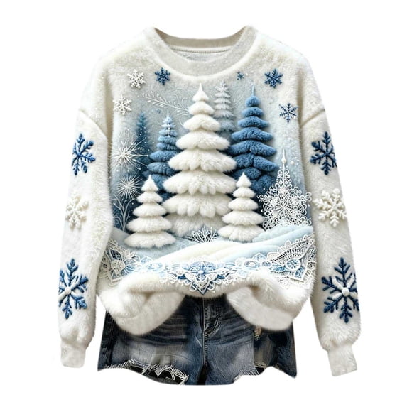 Plush Christmas Sweaters for Women Funny Round Neck Festive Printed Graphic Drop Shoulder Fuzzy Soft Pullover Tops (3XL, Blue)