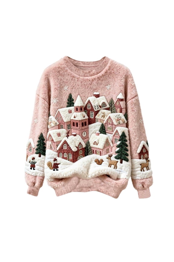 Plush Christmas Sweaters for Women Funny Round Neck Festive Printed Graphic Drop Shoulder Fuzzy Soft Pullover Tops (4XL, Pink)