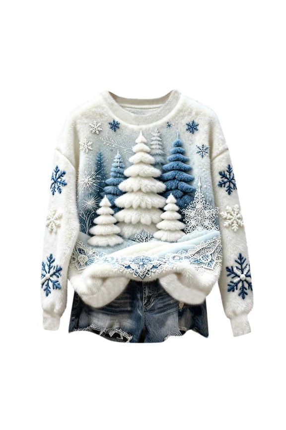 Plush Christmas Sweaters for Women Funny Round Neck Festive Printed Graphic Drop Shoulder Fuzzy Soft Pullover Tops (S, Blue)