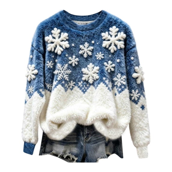 Plush Christmas Sweaters for Women Funny Round Neck Festive Printed Graphic Drop Shoulder Fuzzy Soft Pullover Tops (XL, Blue)