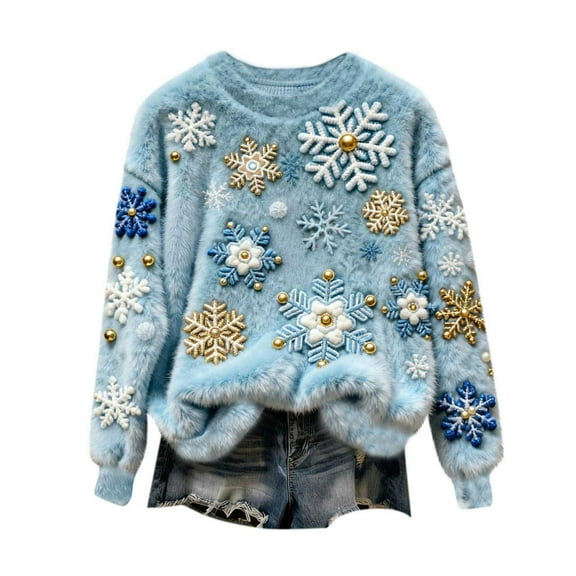 Plush Christmas Sweaters for Women Funny Round Neck Festive Printed Graphic Drop Shoulder Fuzzy Soft Pullover Tops (XL, Blue)