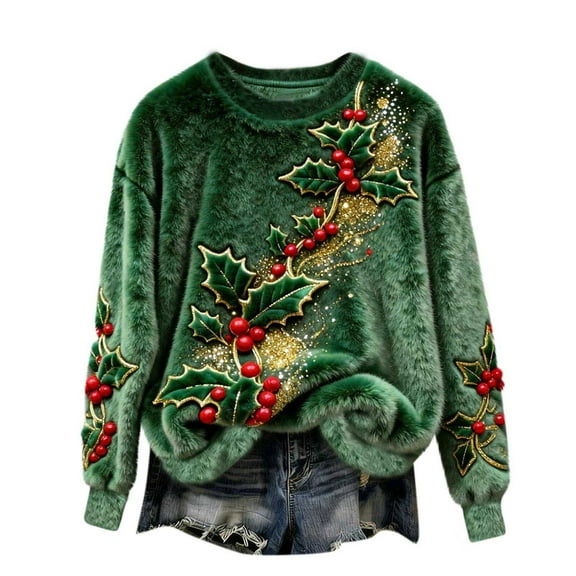 Plush Christmas Sweaters for Women Funny Round Neck Festive Printed Graphic Drop Shoulder Fuzzy Soft Pullover Tops (XL, Green)