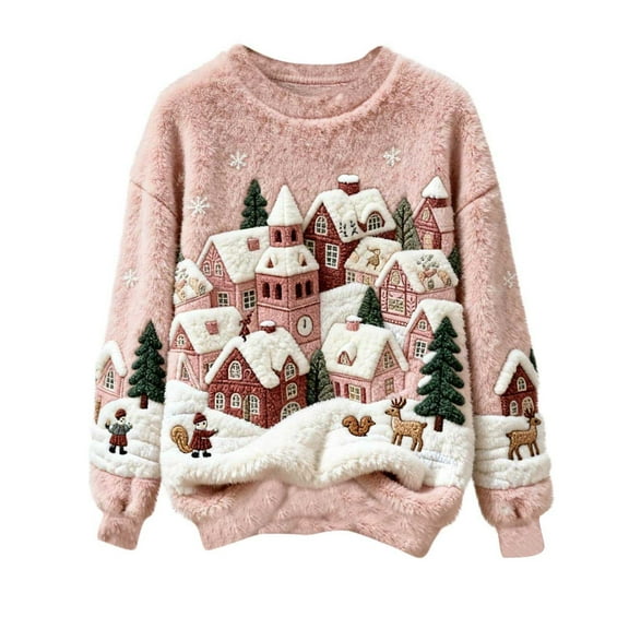 Plush Christmas Sweaters for Women Funny Round Neck Festive Printed Graphic Drop Shoulder Fuzzy Soft Pullover Tops (XXL, Pink)