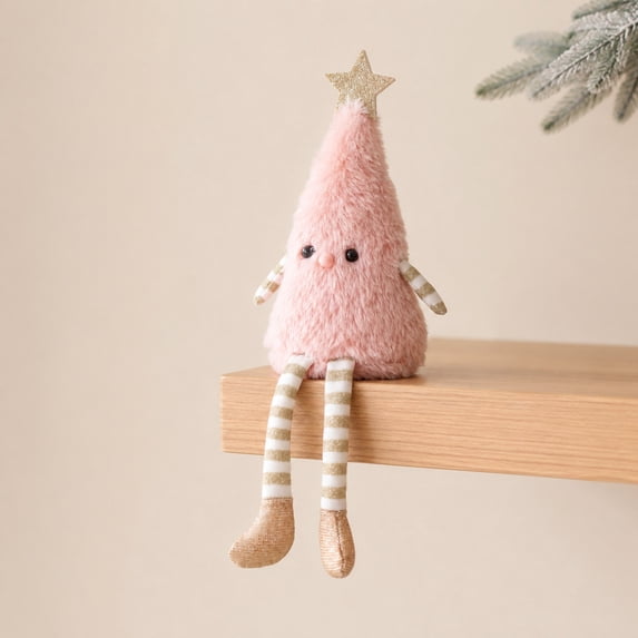Plush Christmas Tree Figurine, Pink Finish, Soft Dangling Legs Tabletop Ornament for Mantel, Shelf, Desk or Holiday Gift