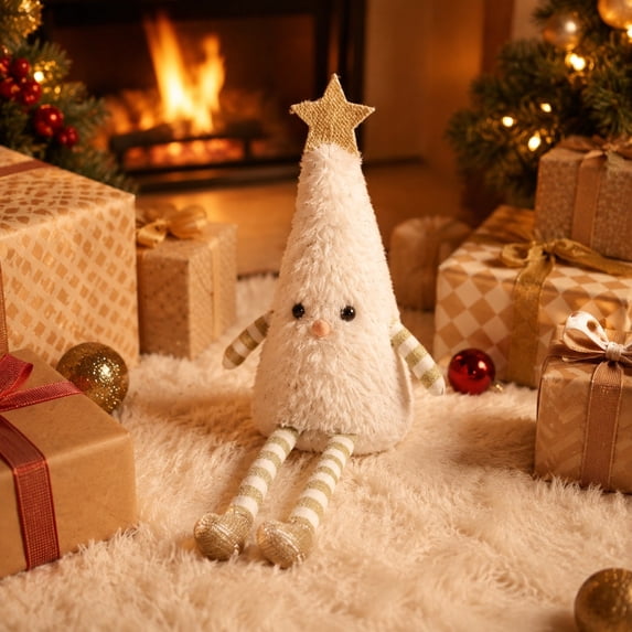 Plush Christmas Tree Figurine, White Finish, Soft Dangling Legs Tabletop Ornament for Mantel, Shelf, Desk or Holiday Gift