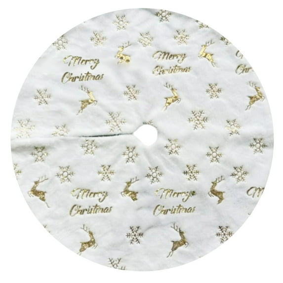 Plush Christmas Tree Skirt – 30.7in White Faux Fur Tree Base with Gold Sequins, Elks & Snowflake Print – Holiday Decoration for Home, Party, or Pet Area