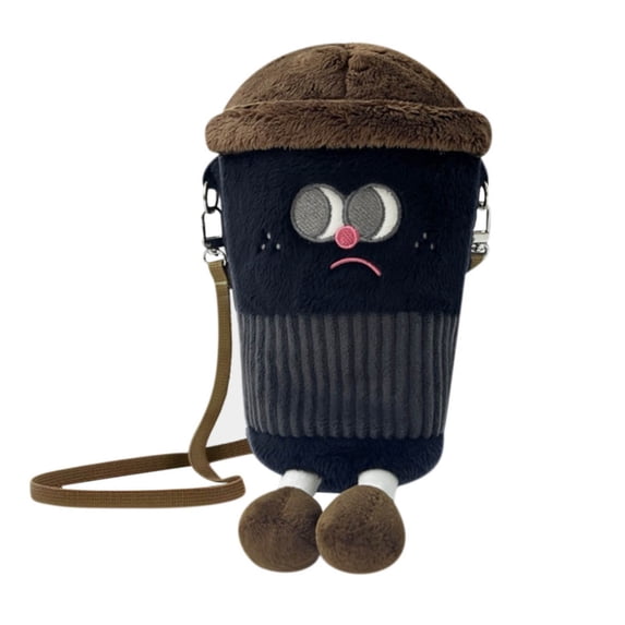 Plush Coffee Cup Messenger Bag for Women, Portable One Shoulder Small Crossbody Bag with Adjustable Strap, Cute Milk Tea Themed Purse - Black