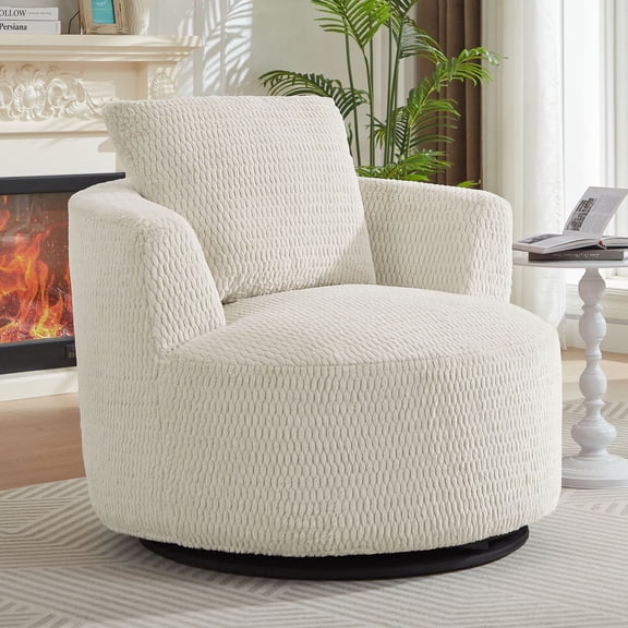 Plush Comfort  Cream Faux Fur 360° Swivel Accent Chair for Modern Living Room and Office Seating