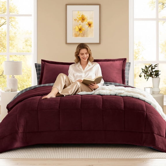 Plush Comforter Set Full Size Burgundy, Flannel Velvet Comforter Sets 7 Pieces Bed in a Bag